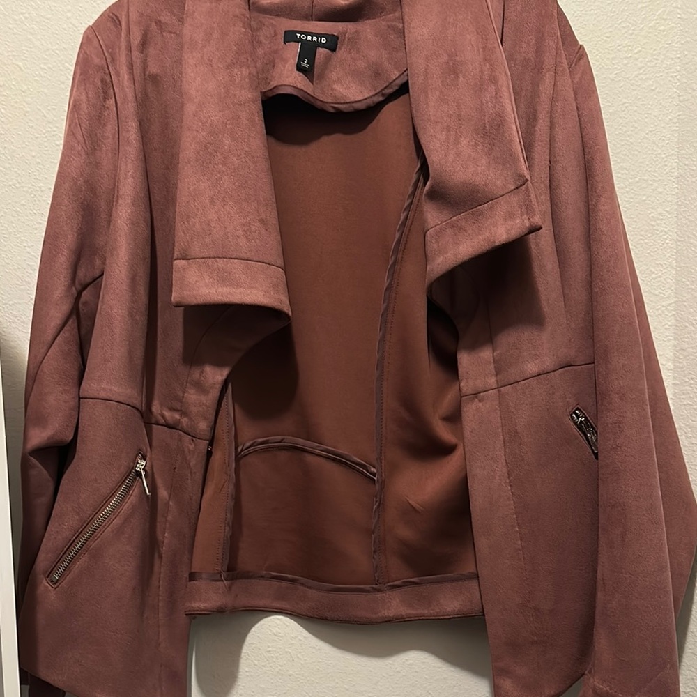 Torrid Brown Blazer with Suede Texture and Open Front